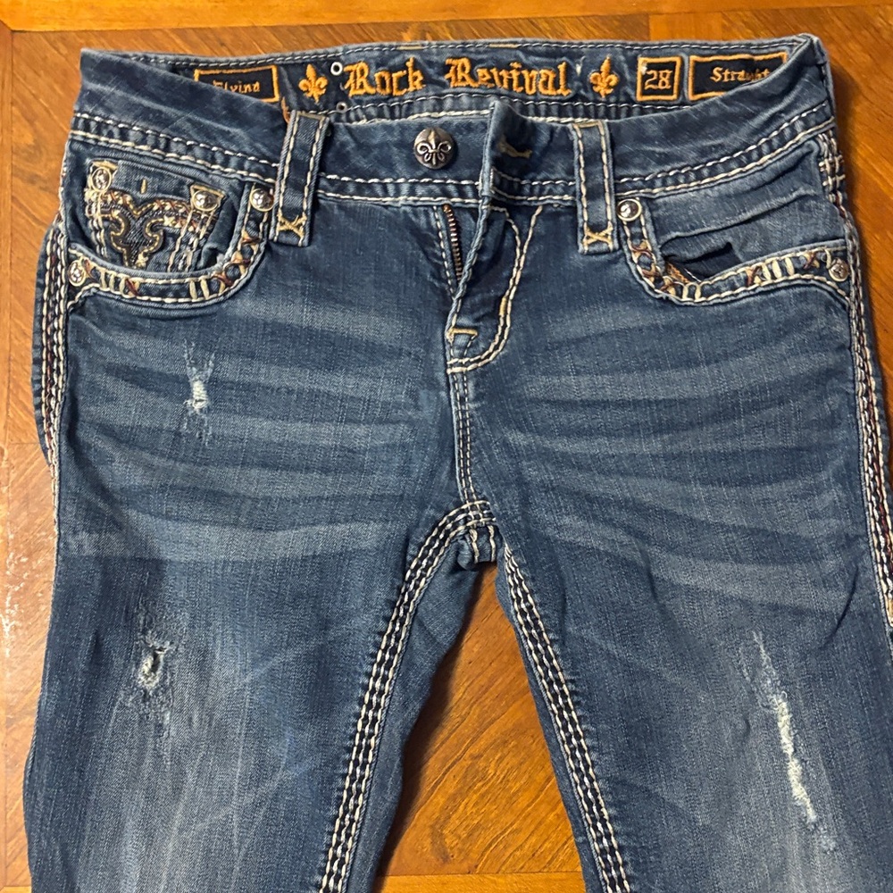 Rock Revival Women's Distressed Dark Blue Straight Leg Jeans